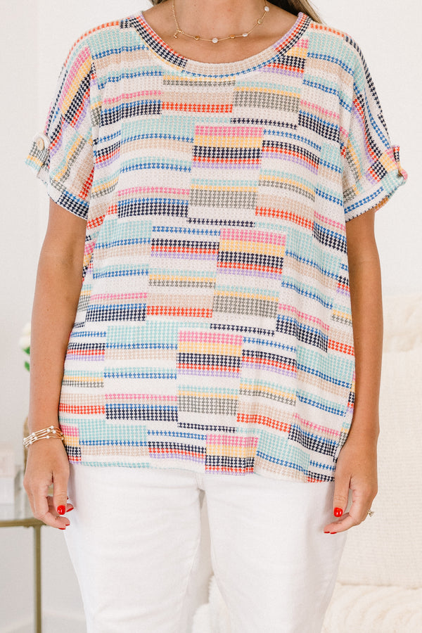 Chic Soul plus size clothing, short sleeve casual top with alternating knitted color blocks including royal blue and burnt orange