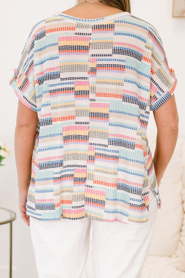 Chic Soul plus size clothing, short sleeve casual top with alternating knitted color blocks including royal blue and burnt orange