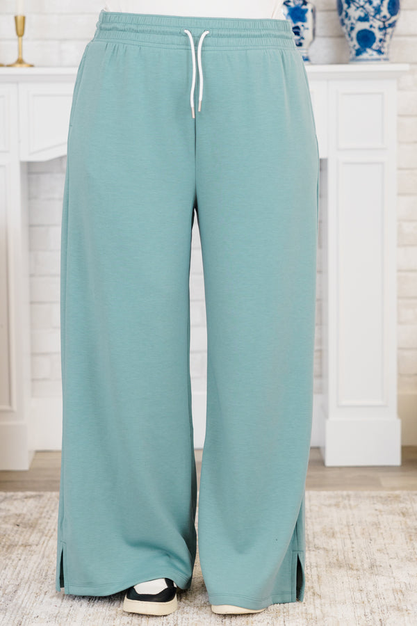 Chic Soul plus size clothing, blue grey wide-leg mid-waisted elastic-waistband sweatpants with white drawstring