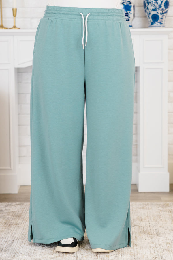 Chic Soul plus size clothing, blue grey wide-leg mid-waisted elastic-waistband sweatpants with white drawstring