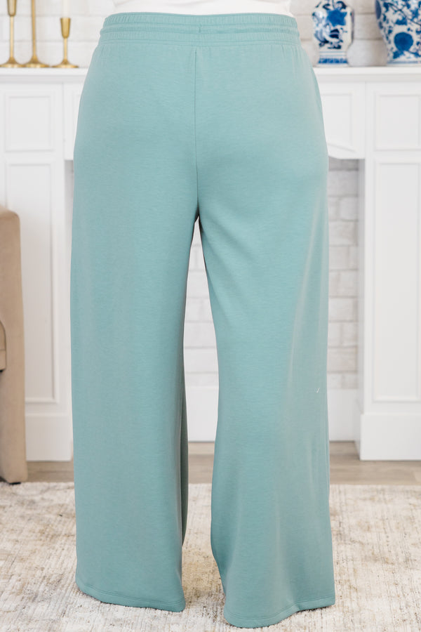 Chic Soul plus size clothing, blue grey wide-leg mid-waisted elastic-waistband sweatpants with white drawstring
