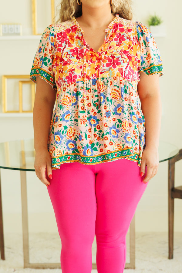 Chic Soul plus size clothing, multicolor floral pattern flowy babydoll top with tassel strings