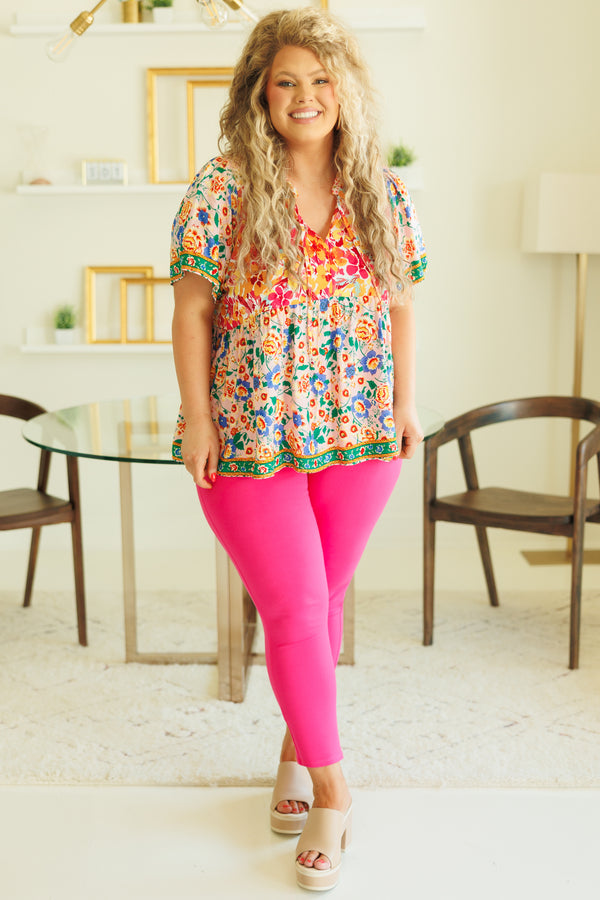 Chic Soul plus size clothing, multicolor floral pattern flowy babydoll top with tassel strings