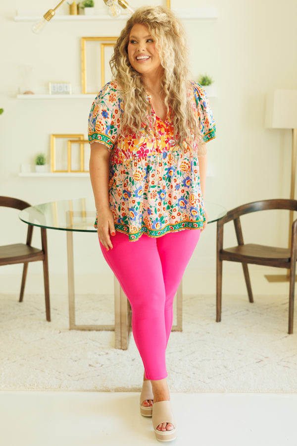 Chic Soul plus size clothing, multicolor floral pattern flowy babydoll top with tassel strings
