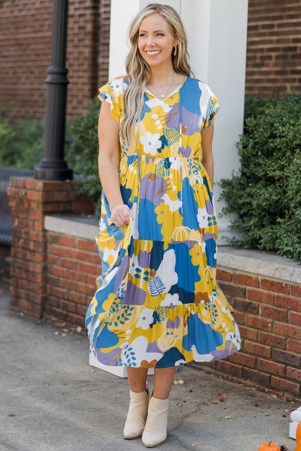 Chic Soul plus size clothing, mustard short sleeve midi dress with tiered detail with large floral print with v neckline with tie detail with ruffle along sleeves