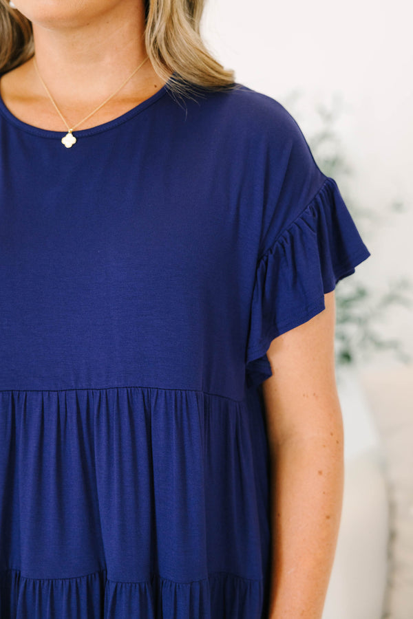 Plus size navy babydoll tunic top with short sleeves