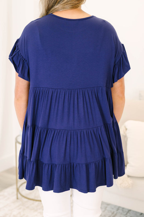 Plus size navy babydoll tunic top with short sleeves