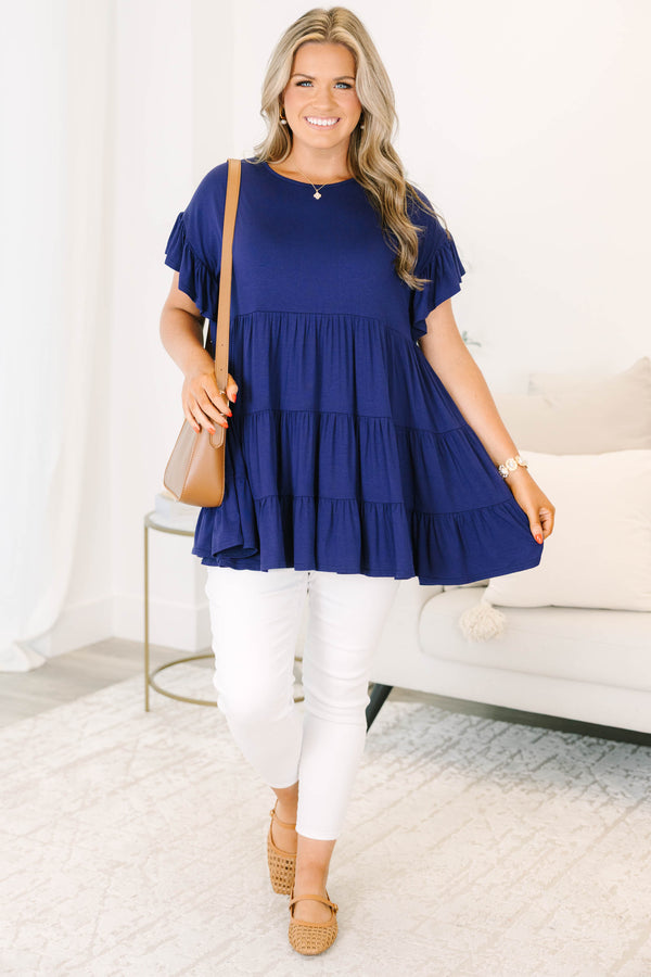 Plus size navy babydoll tunic top with short sleeves