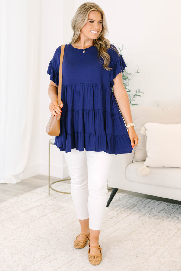 Plus size navy babydoll tunic top with short sleeves