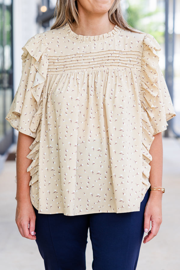 Chic Soul plus size clothing, beige short sleeve top with small floral detail with ruffle sleeves and ruffle along shoulders with mock neckline