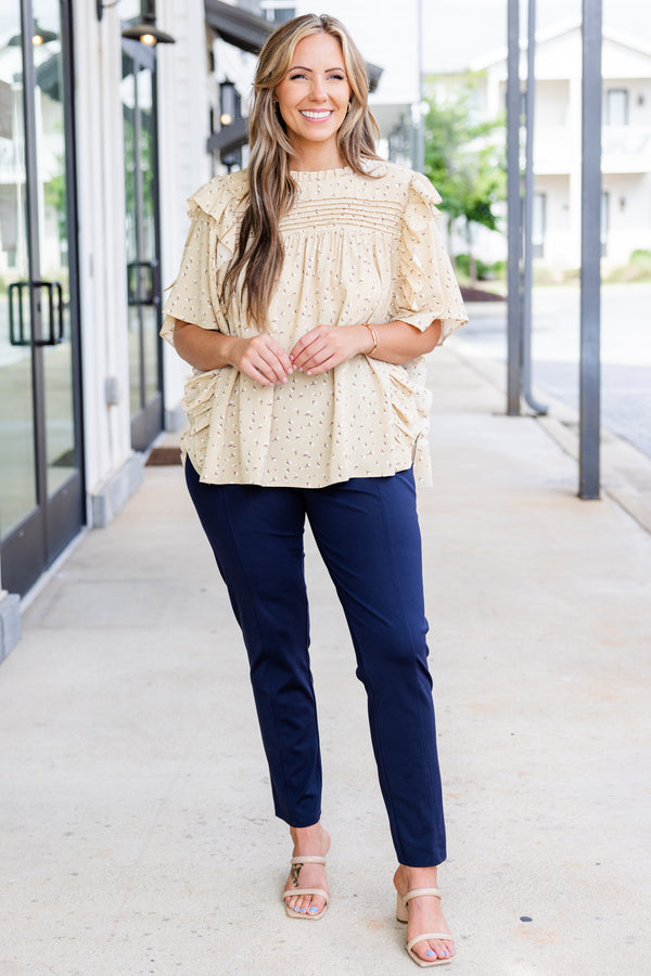 Chic Soul plus size clothing, beige short sleeve top with small floral detail with ruffle sleeves and ruffle along shoulders with mock neckline