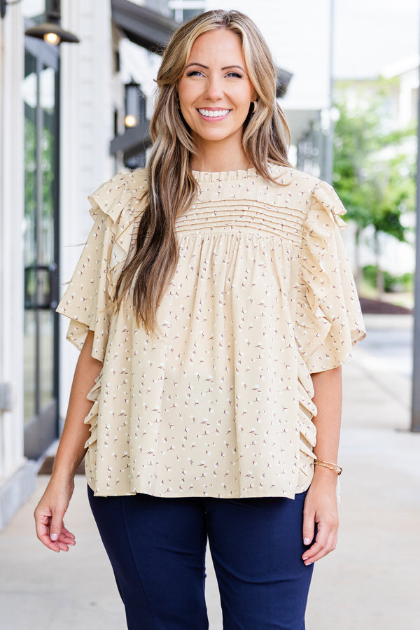 Chic Soul plus size clothing, beige short sleeve top with small floral detail with ruffle sleeves and ruffle along shoulders with mock neckline