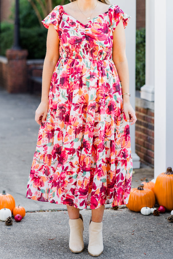 Chic Soul plus size clothing, red floral print short sleeve midi dress with smocked waist detail with v neckline and flutter sleeves