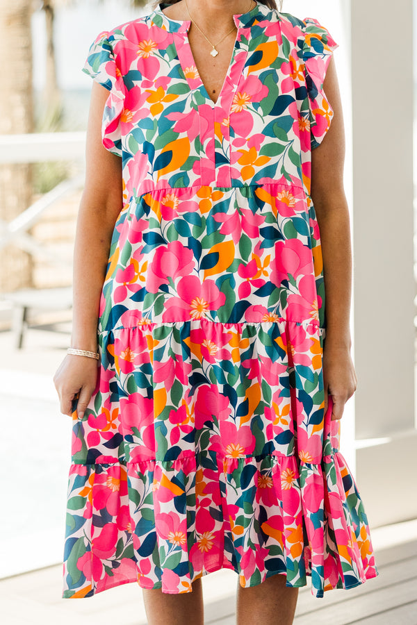 Chic Soul plus size clothing, white multi colored floral printed midi dress with tiered detail with v cutout along neckline with ruffle sleeves