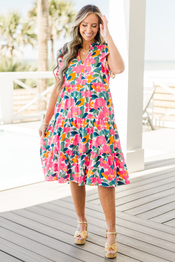 Chic Soul plus size clothing, white multi colored floral printed midi dress with tiered detail with v cutout along neckline with ruffle sleeves