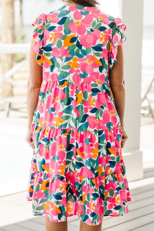 Chic Soul plus size clothing, white multi colored floral printed midi dress with tiered detail with v cutout along neckline with ruffle sleeves