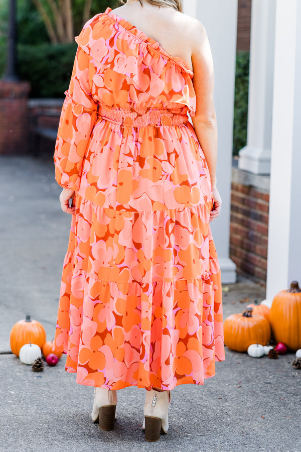 Chic Soul plus size clothing, orange floral print one long sleeve maxi dress with synched smocked waist with tiered detail and bubble sleeve