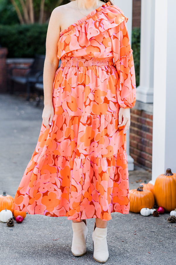 Chic Soul plus size clothing, orange floral print one long sleeve maxi dress with synched smocked waist with tiered detail and bubble sleeve