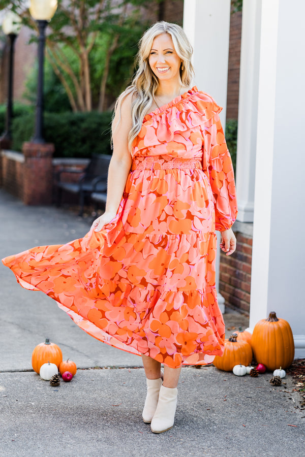 Chic Soul plus size clothing, orange floral print one long sleeve maxi dress with synched smocked waist with tiered detail and bubble sleeve