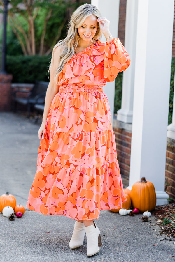 Chic Soul plus size clothing, orange floral print one long sleeve maxi dress with synched smocked waist with tiered detail and bubble sleeve