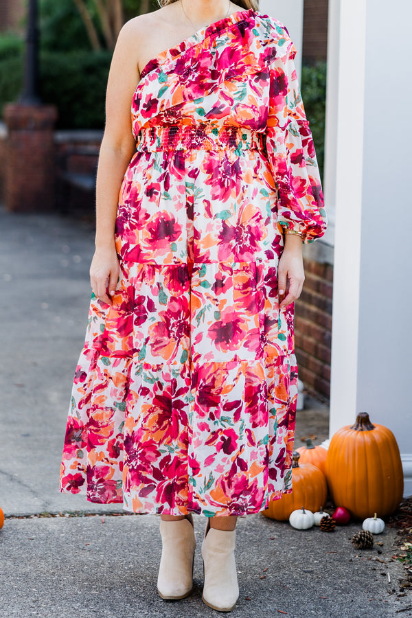 Chic Soul plus size clothing, one-shoulder long-sleeve red floral patterned maxi dress with smocked waistline and ruffled detailing 