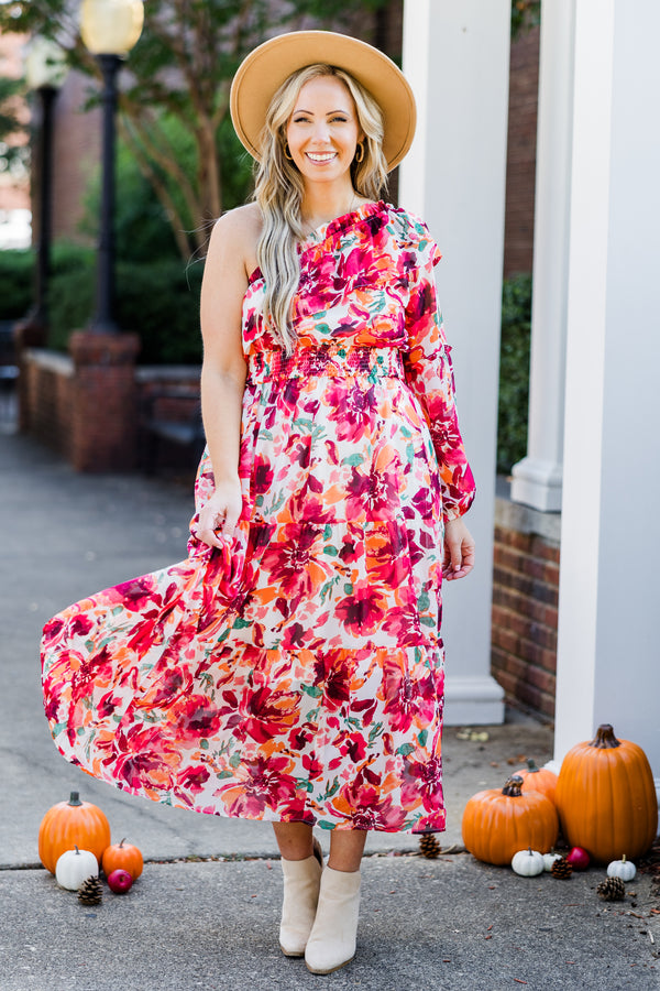 Chic Soul plus size clothing, one-shoulder long-sleeve red floral patterned maxi dress with smocked waistline and ruffled detailing 