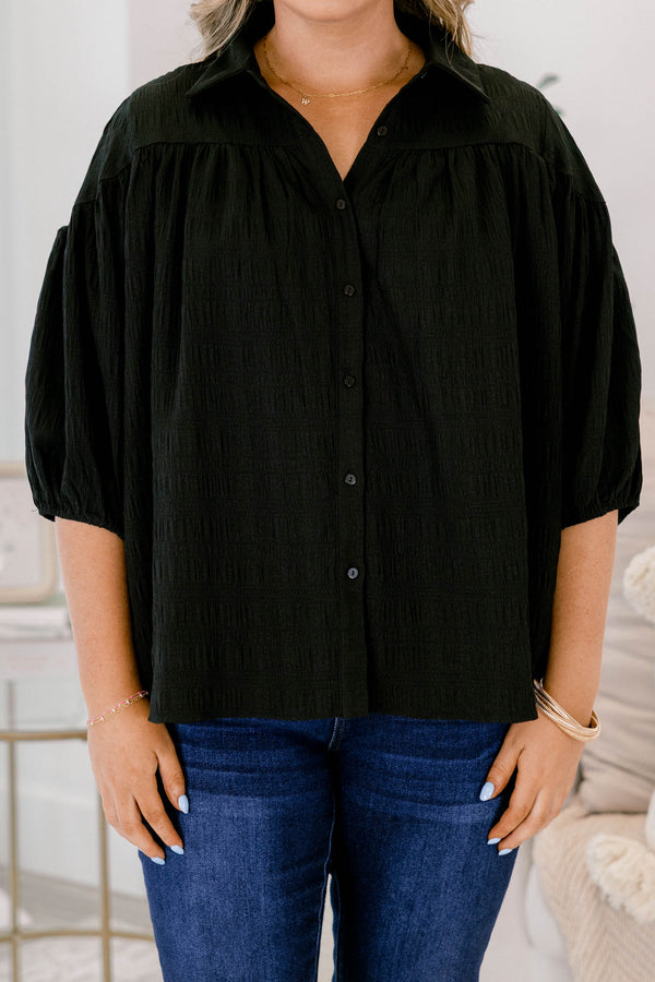 Chic Soul plus size clothing, black ¾ puff sleeve button up top