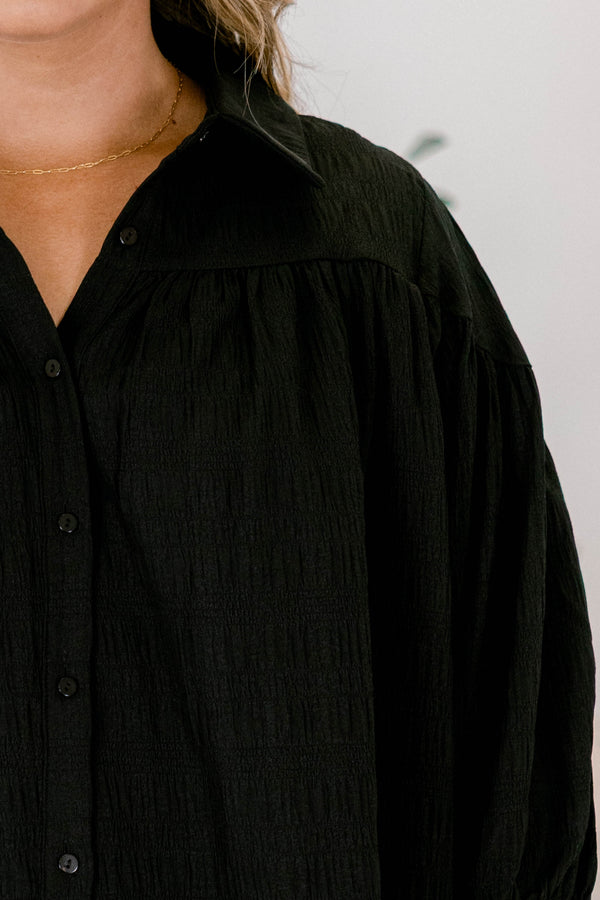 Chic Soul plus size clothing, black ¾ puff sleeve button up top