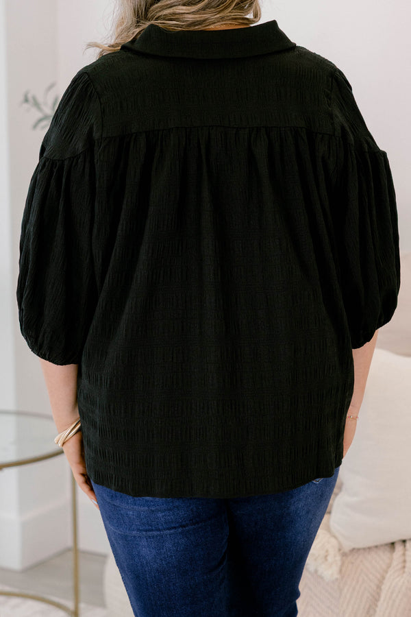 Chic Soul plus size clothing, black ¾ puff sleeve button up top