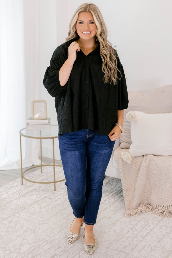 Chic Soul plus size clothing, black ¾ puff sleeve button up top