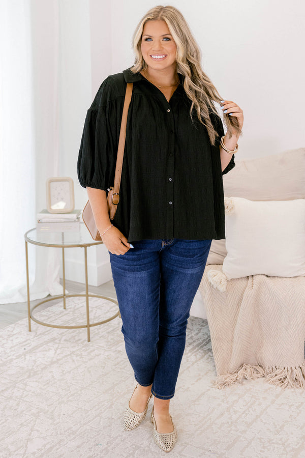 Chic Soul plus size clothing, black ¾ puff sleeve button up top