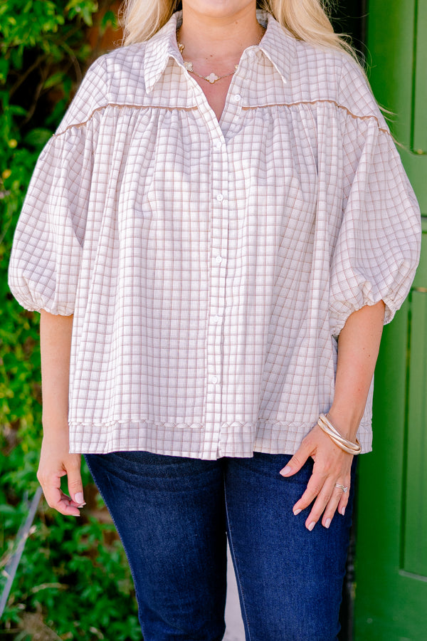 Chic Soul plus size clothing, cream plaid top with bubble sleeves and a slight v-neckline 