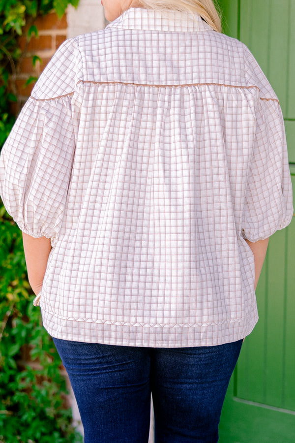 Chic Soul plus size clothing, cream plaid top with bubble sleeves and a slight v-neckline 