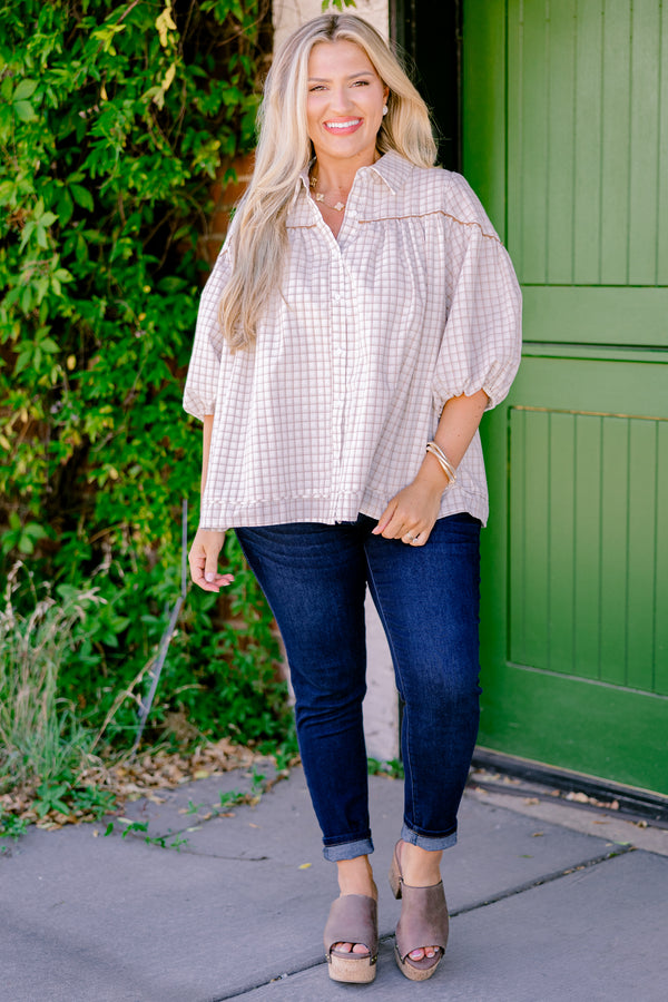 Chic Soul plus size clothing, cream plaid top with bubble sleeves and a slight v-neckline 