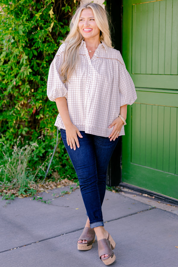Chic Soul plus size clothing, cream plaid top with bubble sleeves and a slight v-neckline 