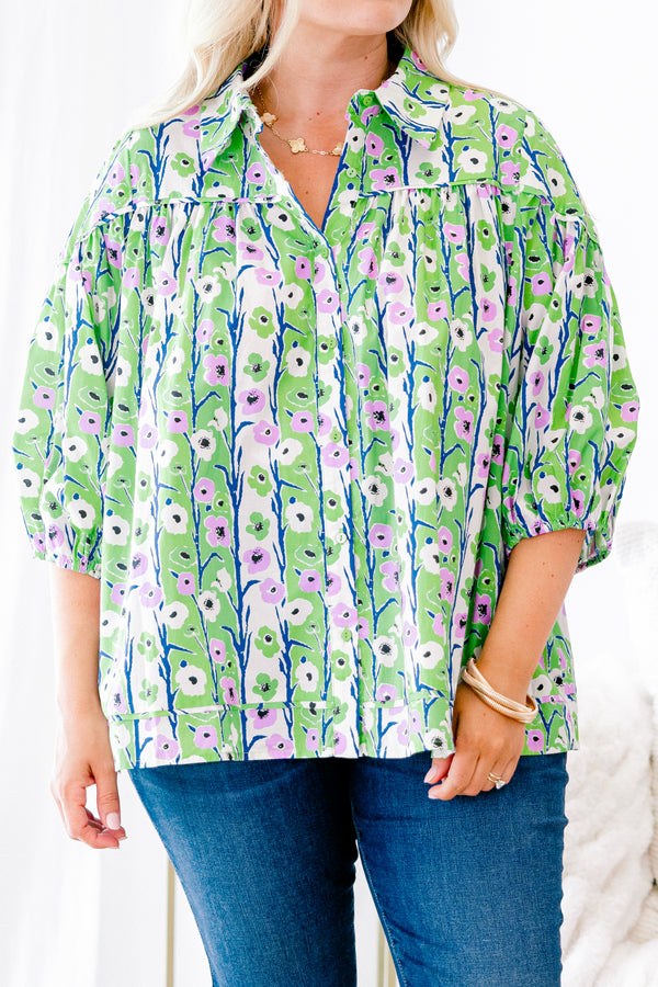 Chic Soul plus size clothing, light green and ivory vertically striped balloon half sleeve button-up collared casual top with lilac and navy floral pattern