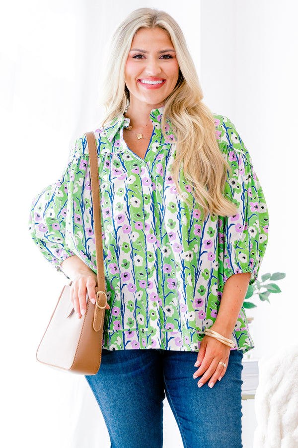 Chic Soul plus size clothing, light green and ivory vertically striped balloon half sleeve button-up collared casual top with lilac and navy floral pattern