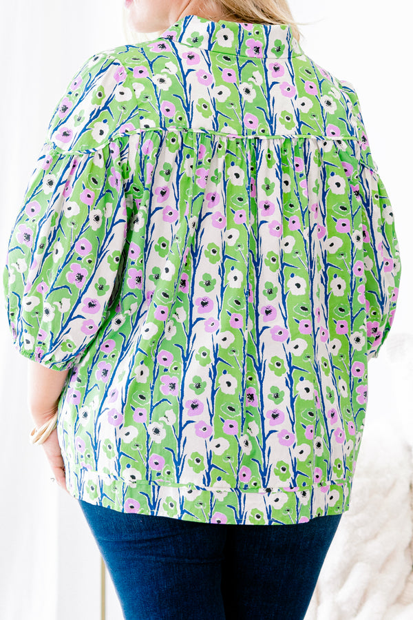 Chic Soul plus size clothing, light green and ivory vertically striped balloon half sleeve button-up collared casual top with lilac and navy floral pattern