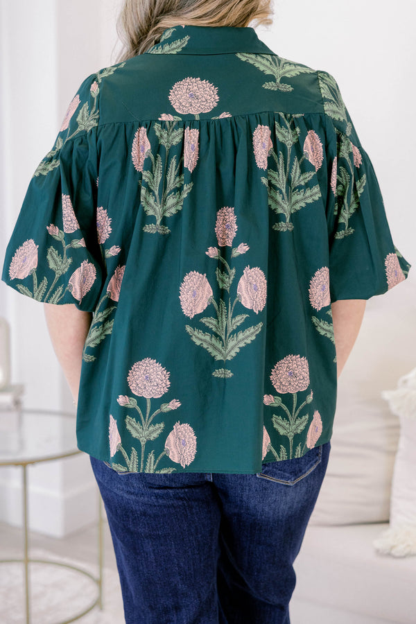 Chic Soul plus size clothing, dark green short flutter sleeve top with light pink floral print