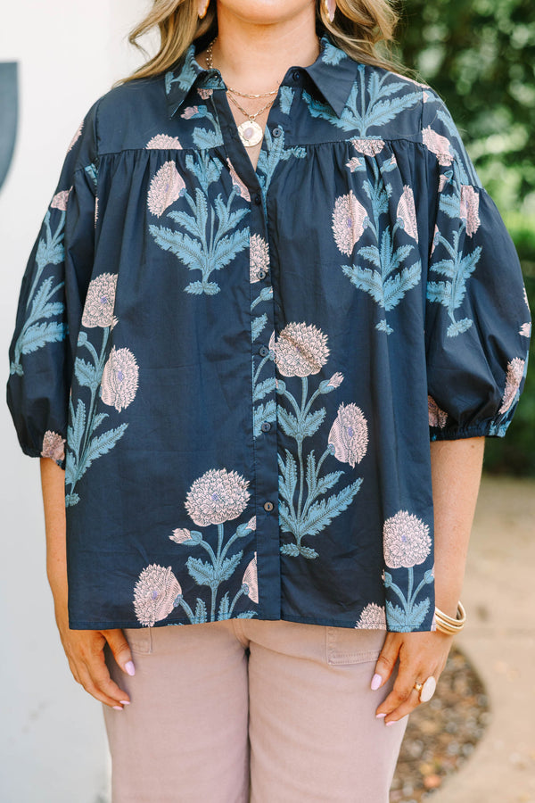 Plus Size navy floral button-up blouse with bubble sleeves and a collared neckline.