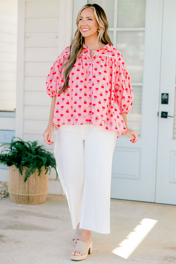 Chic Soul plus size clothing, pink bubble sleeve collared blouse with red tulip pattern and buttons down the front