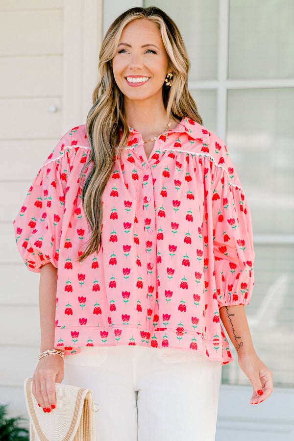 Chic Soul plus size clothing, pink bubble sleeve collared blouse with red tulip pattern and buttons down the front