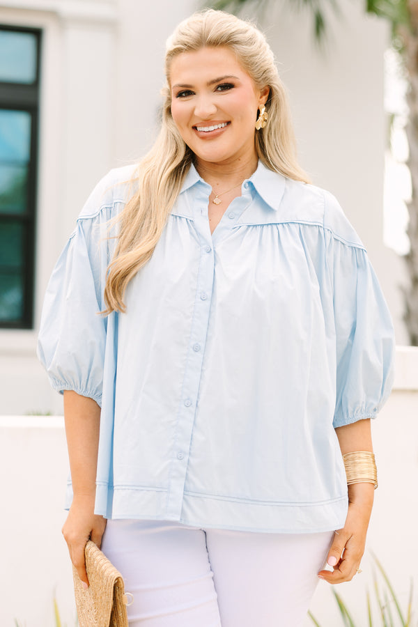 Chic Soul plus size clothing, light blue button-up top with a collar and half bubble sleeves 