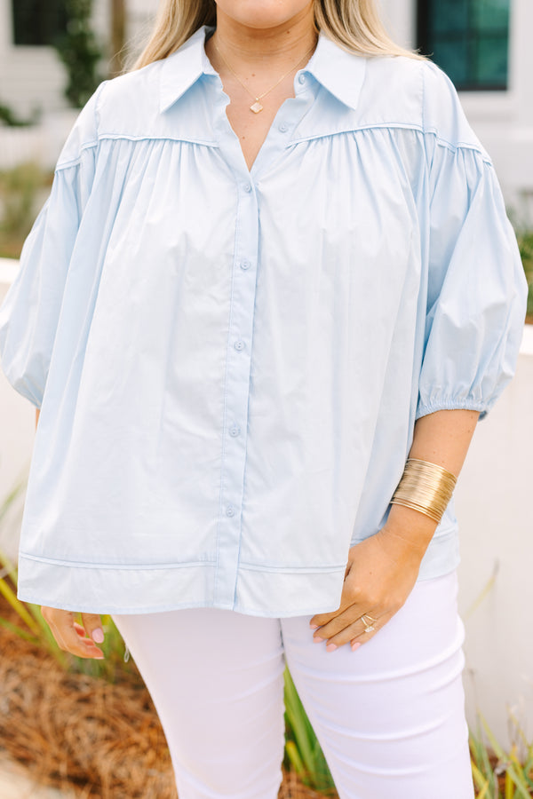 Chic Soul plus size clothing, light blue button-up top with a collar and half bubble sleeves 