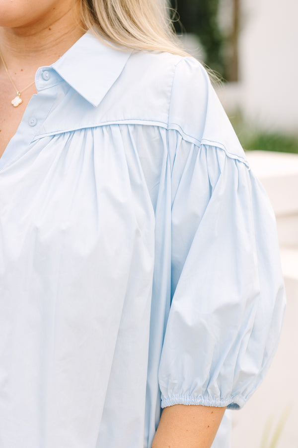 Chic Soul plus size clothing, light blue button-up top with a collar and half bubble sleeves 