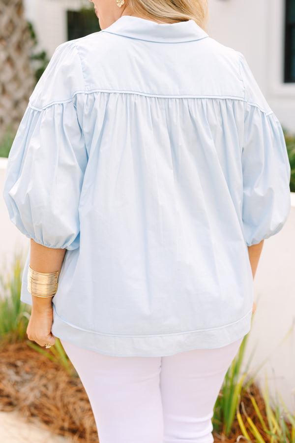 Chic Soul plus size clothing, light blue button-up top with a collar and half bubble sleeves 