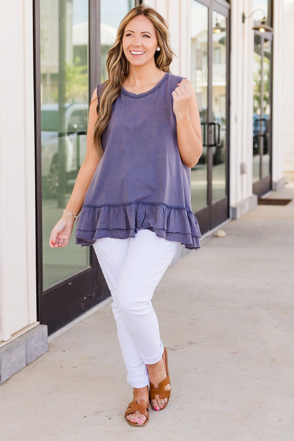 Chic Soul plus size clothing, navy sleeveless tank with round neckline and ruffles at the bottom