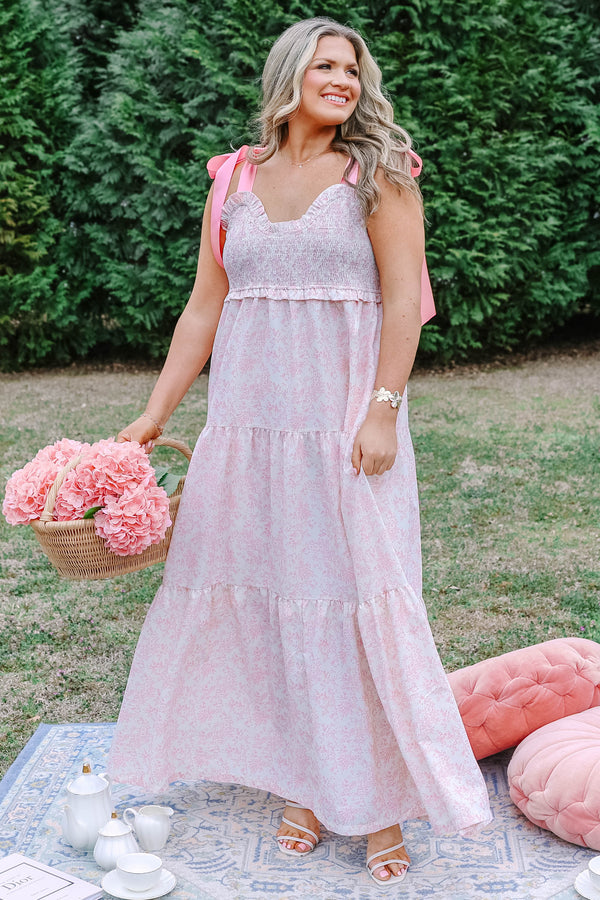 Chic Soul plus size clothing, light pink and white floral tiered maxi dress with pink ribbon tie straps and rouching on the chest
