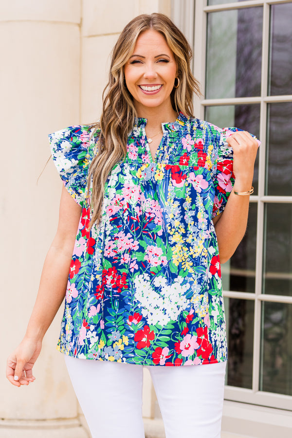 Chic Soul plus size clothing, navy short sleeve top with multi floral print with v cutout on neckline and ruffle sleeves