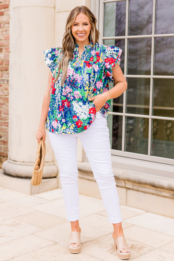 Chic Soul plus size clothing, navy short sleeve top with multi floral print with v cutout on neckline and ruffle sleeves